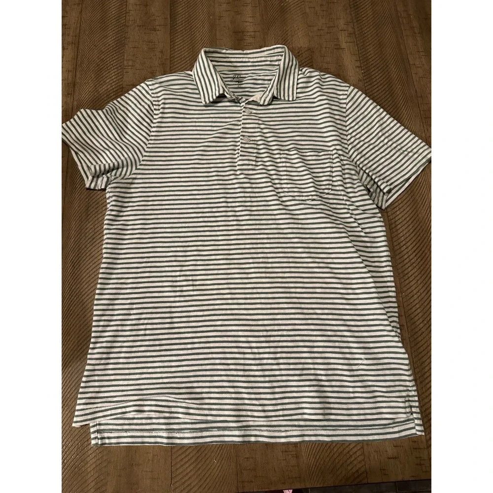 J.Crew Men's Slub Cotton Striped Pocket Polo Shirt Size L Green White AI946
